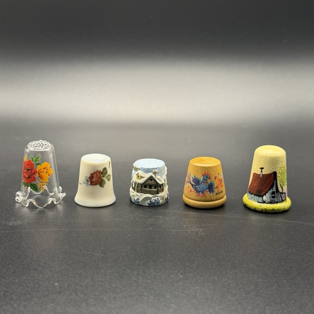 Vintage Set 5 Hand Painted Thimbles Art  Collectible Sewing Floral Anri